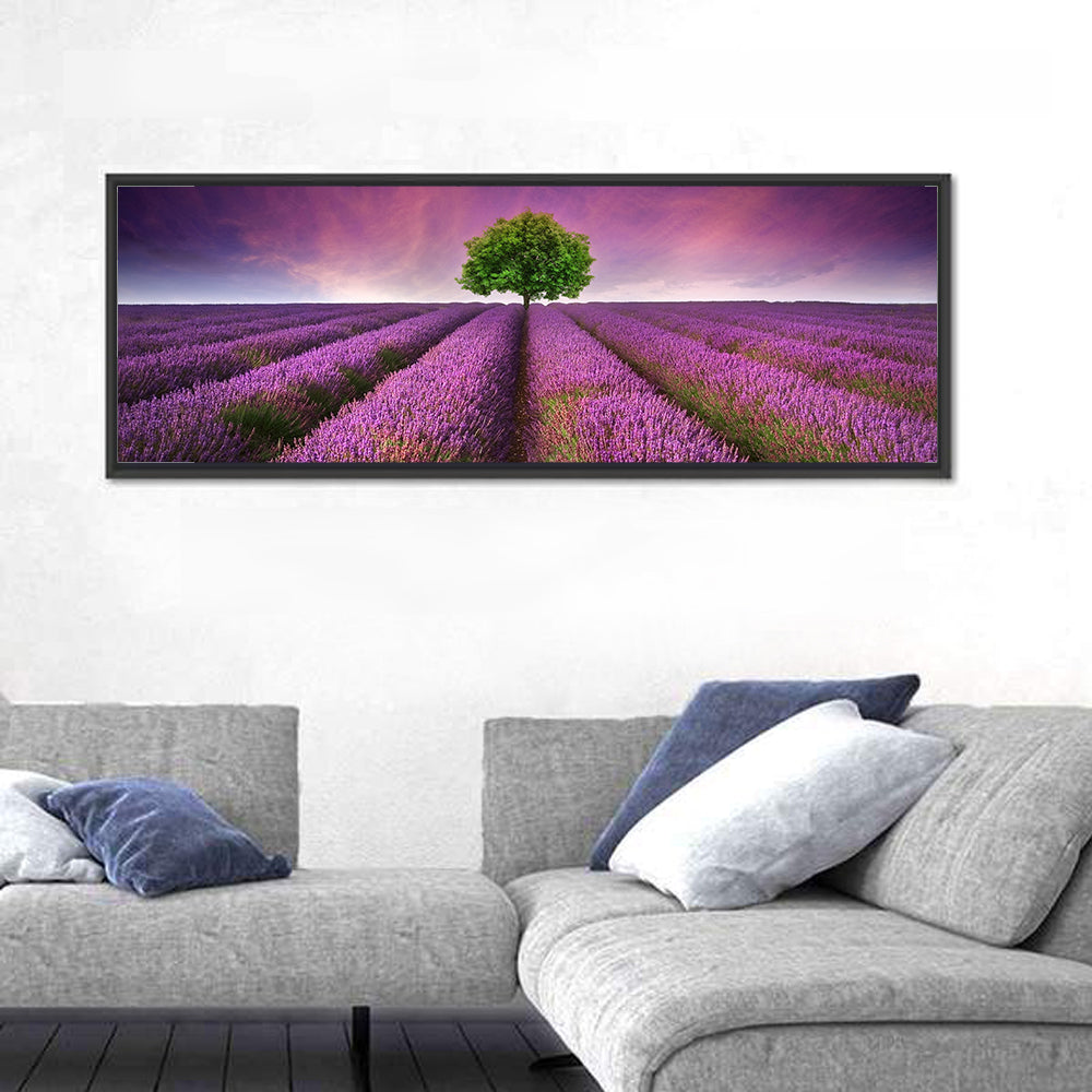 Lavender Field at Sunset Wall Art in a room, panoramic
