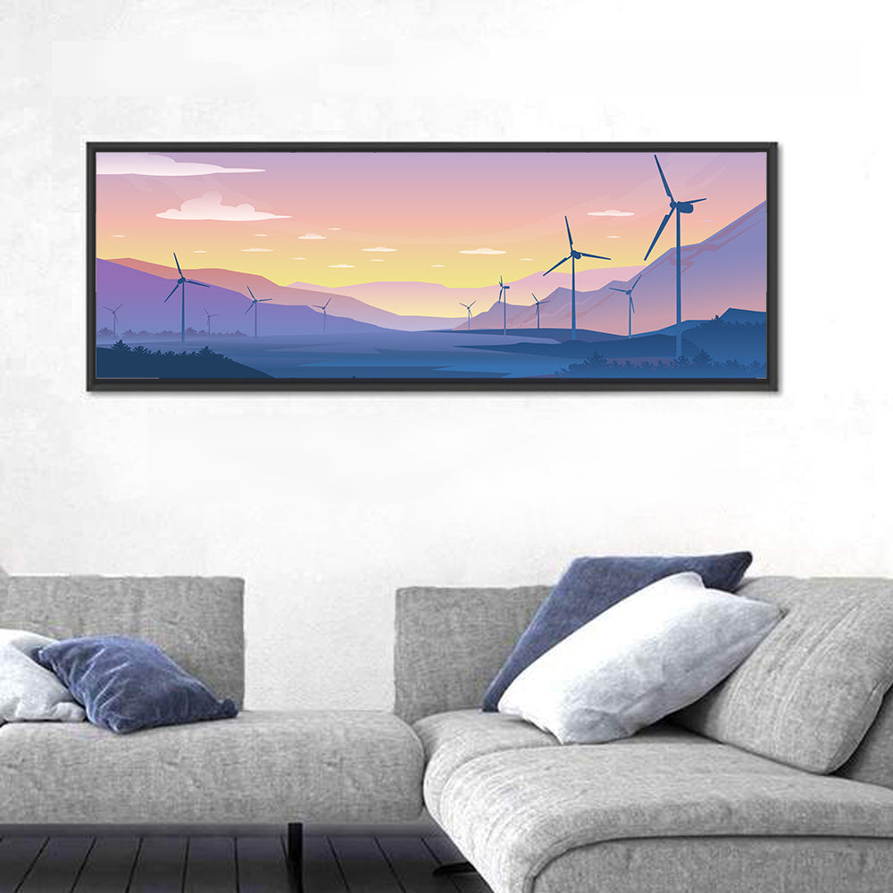 Dusk Wind Turbine Silhouettes Wall Art in a room, panoramic