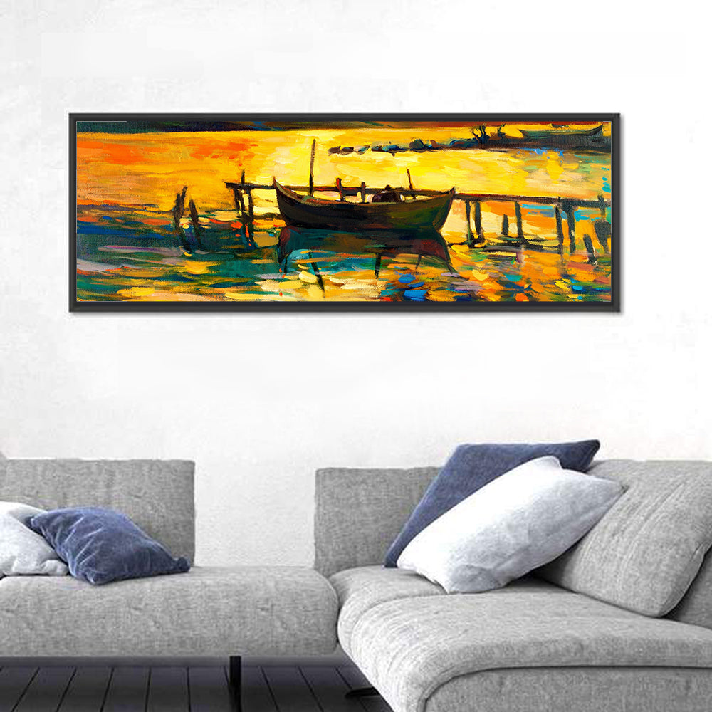 Sunset Boat at Jetty Oil Painting Wall Art