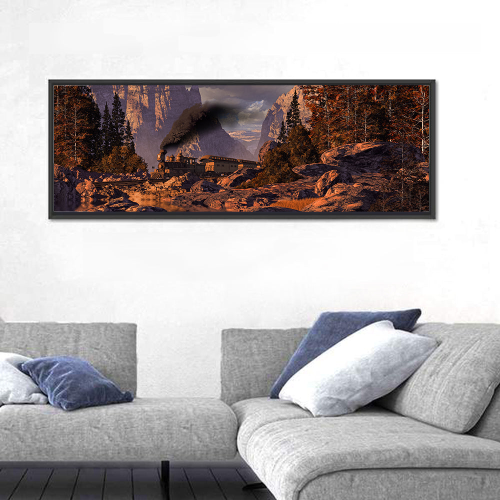 Old West Steam Locomotive Wall Art in a room, panoramic