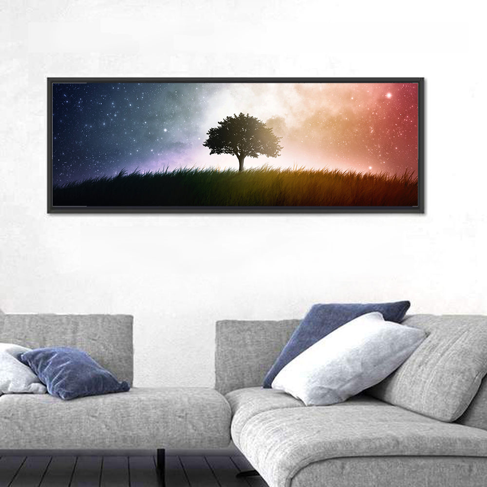 Tree Silhouette Under Nebula Sky Wall Art in a room, panoramic