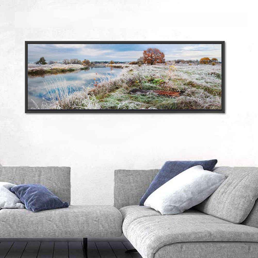 Frosted Autumn River Landscape Wall Art in a room, panoramic
