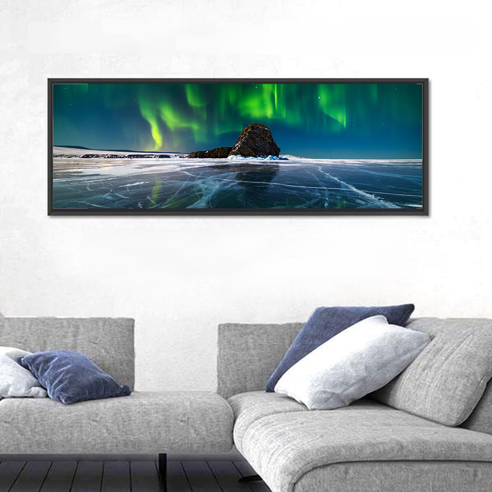 Northern Lights Over Lake Baikal Wall Art in a room, panoramic