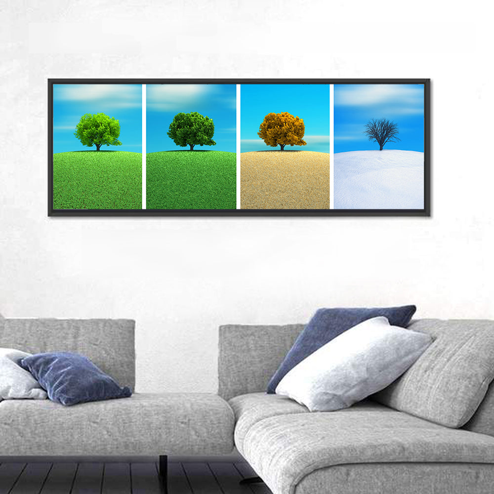 One Tree, Four Seasons Wall Art in a room, panoramic