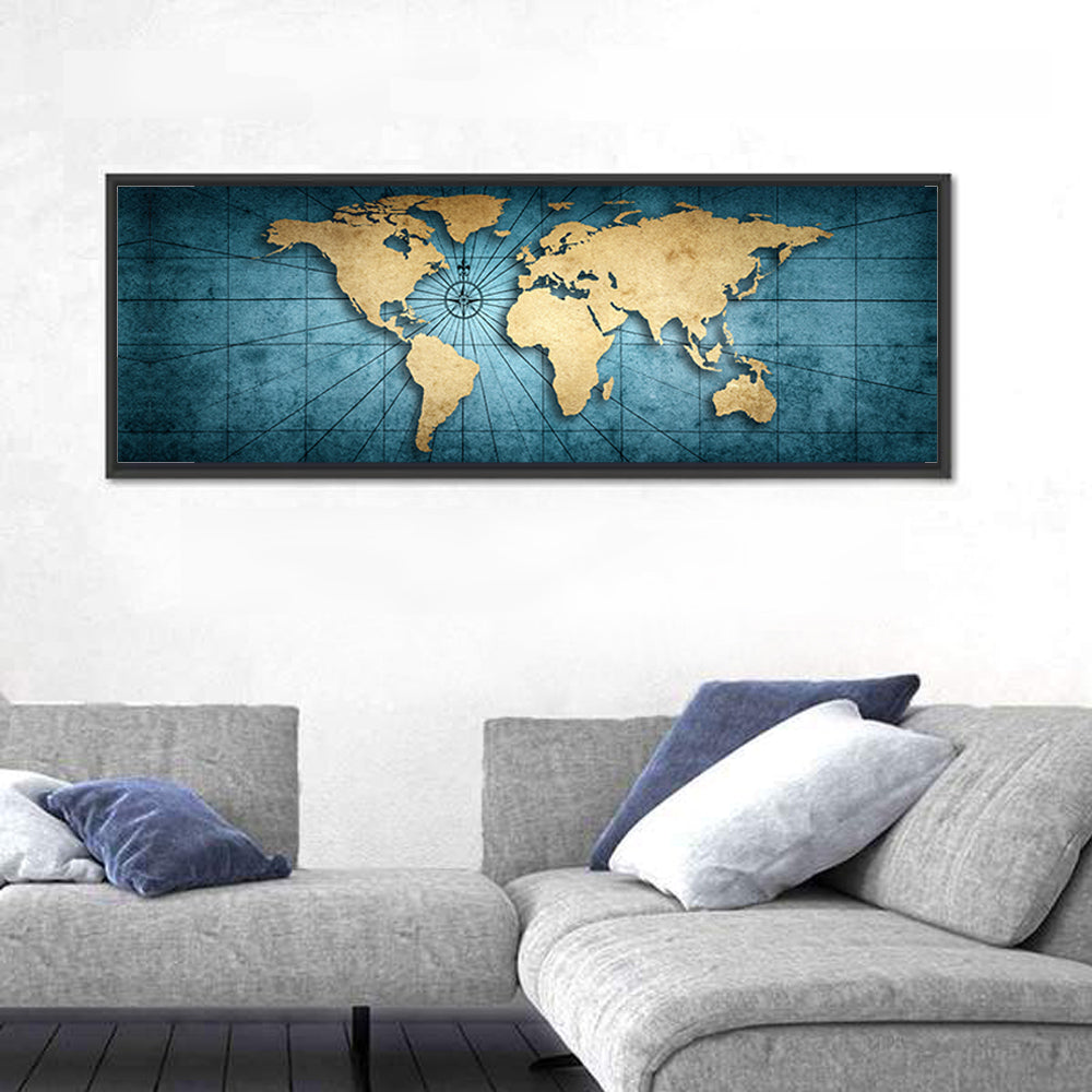 Vintage Nautical World Map Wall Art in a room, panoramic
