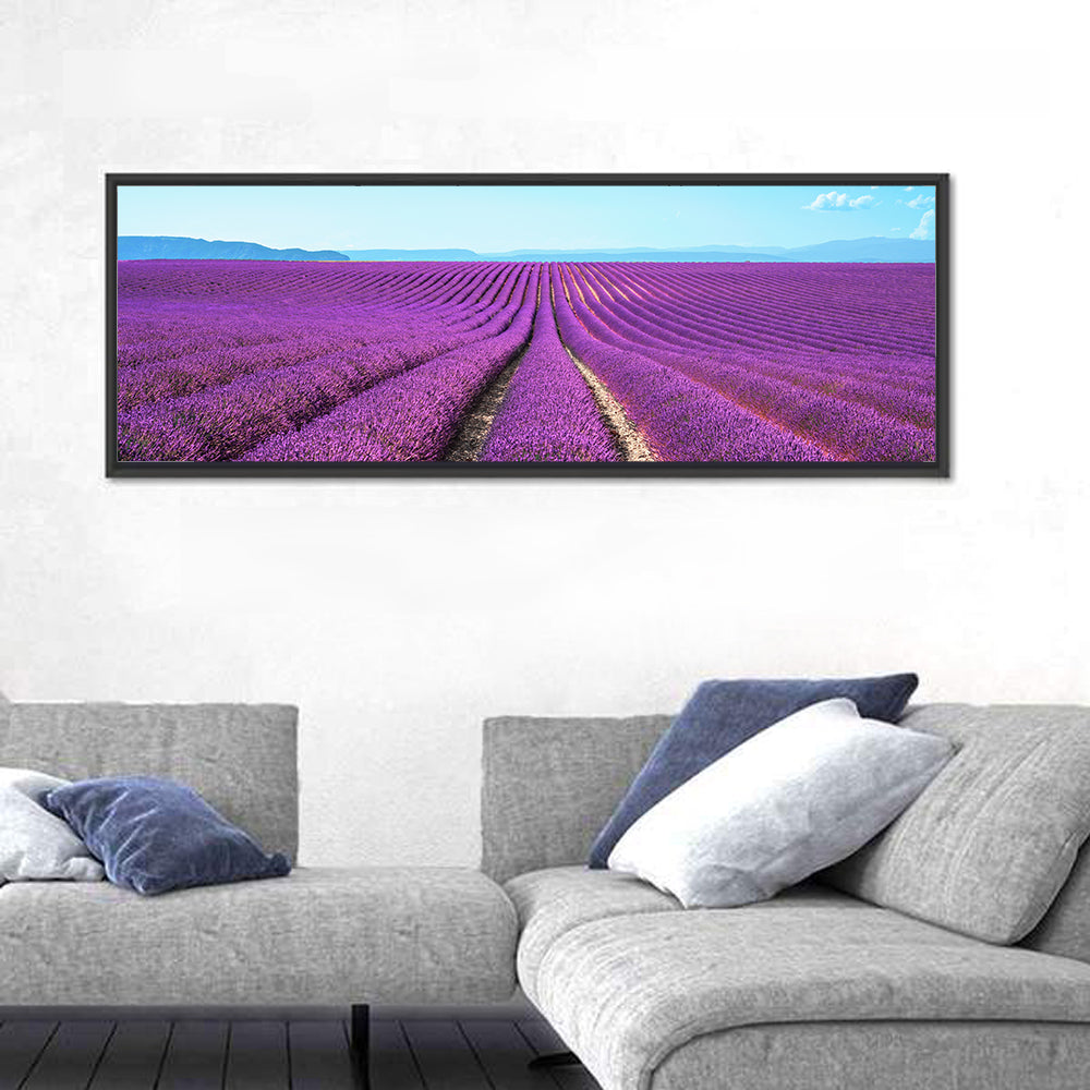 Lavender Flower Fields Wall Art in a room, panoramic