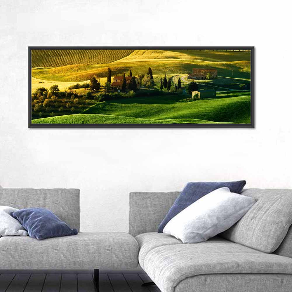 Tuscany Fields at Golden Hour Wall Art in a room, panoramic