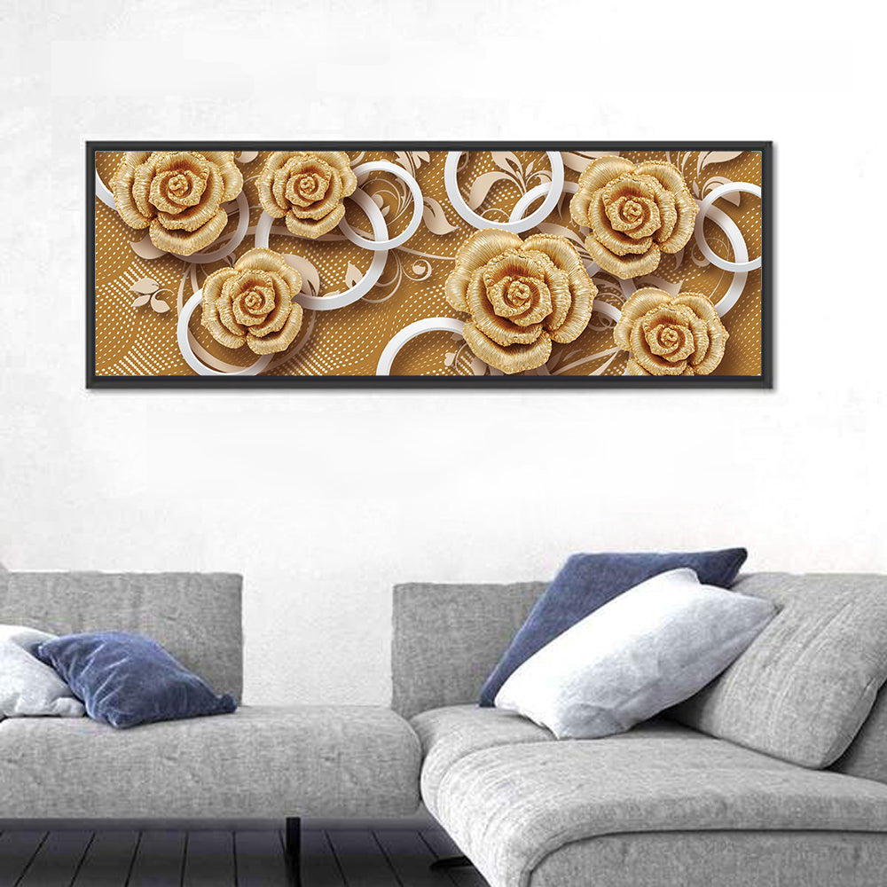 3d Golden Rose Floral Pattern Wall Art in a room, panoramic