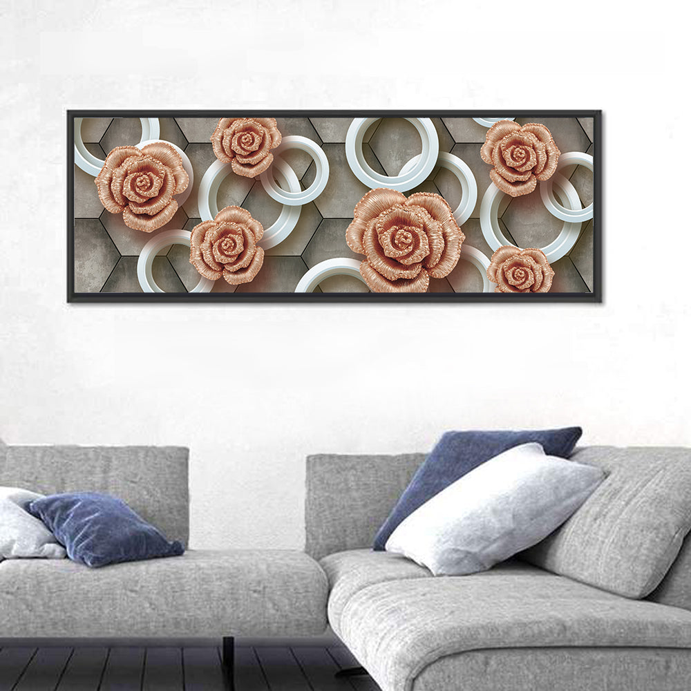 3d Rose Rings in Copper and Gold Wall Art in a room, panoramic