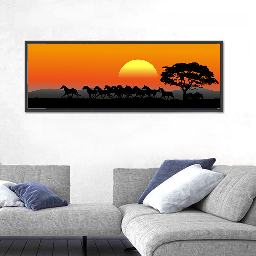 Herd of Horses at Sunset Wall Art in a room, panoramic