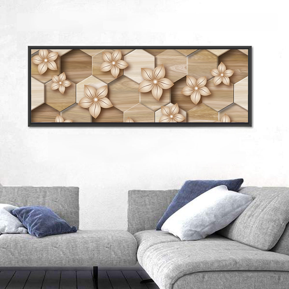 Wood Grain Honeycomb Floral Wall Art in a room, panoramic