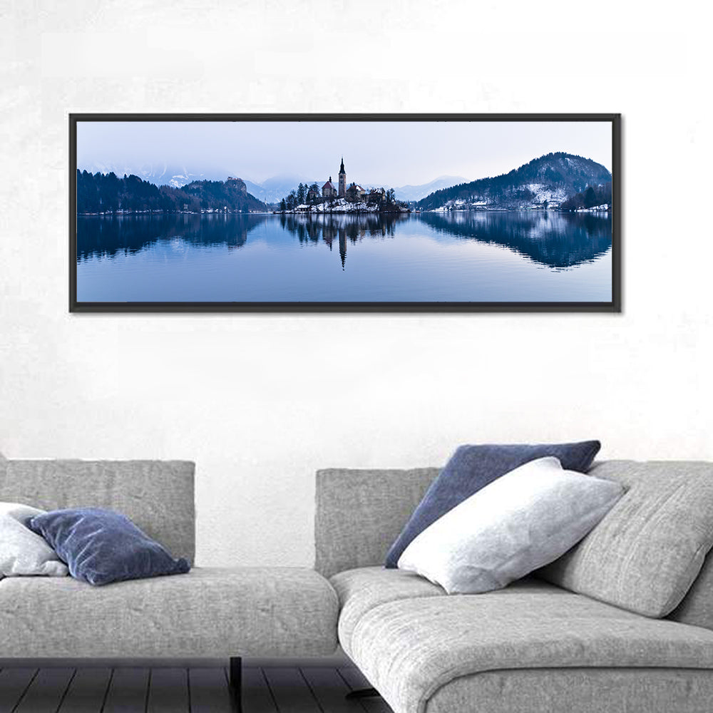 Bled Island Church in Winter Wall Art in a room, panoramic