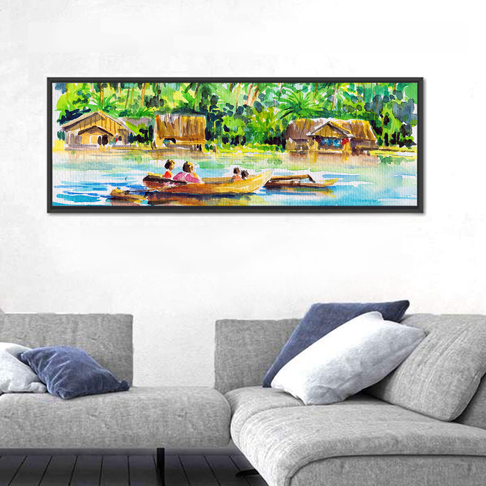Boat in Tropical Village Wall Art in a room, panoramic
