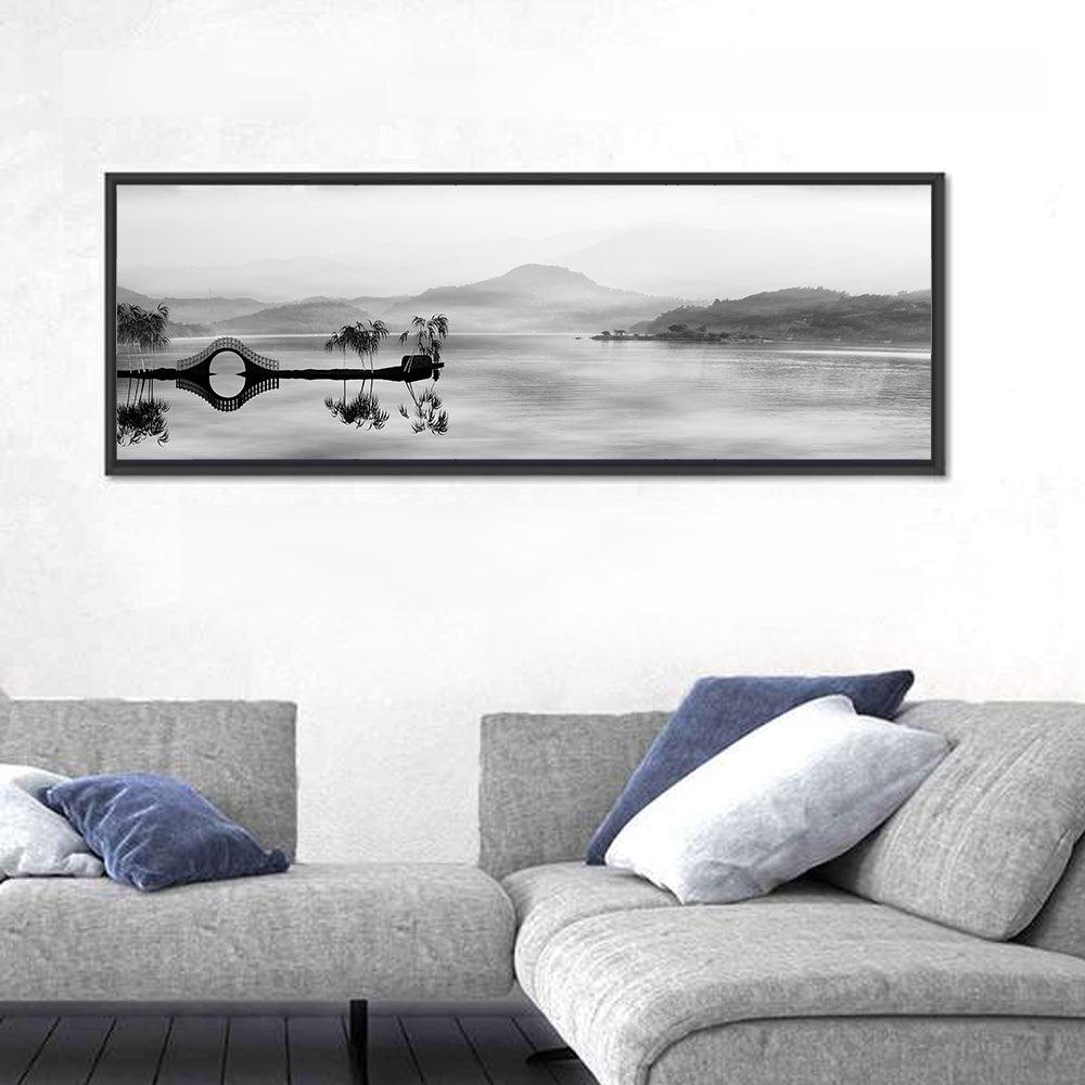 Misty Chinese Lake with Bridge Wall Art