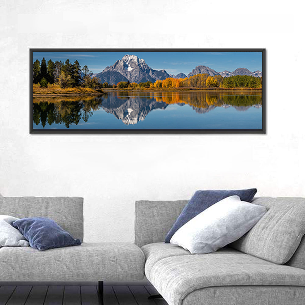 Mount Moran at Oxbow Bend, Wyoming Wall Art in a room, panoramic