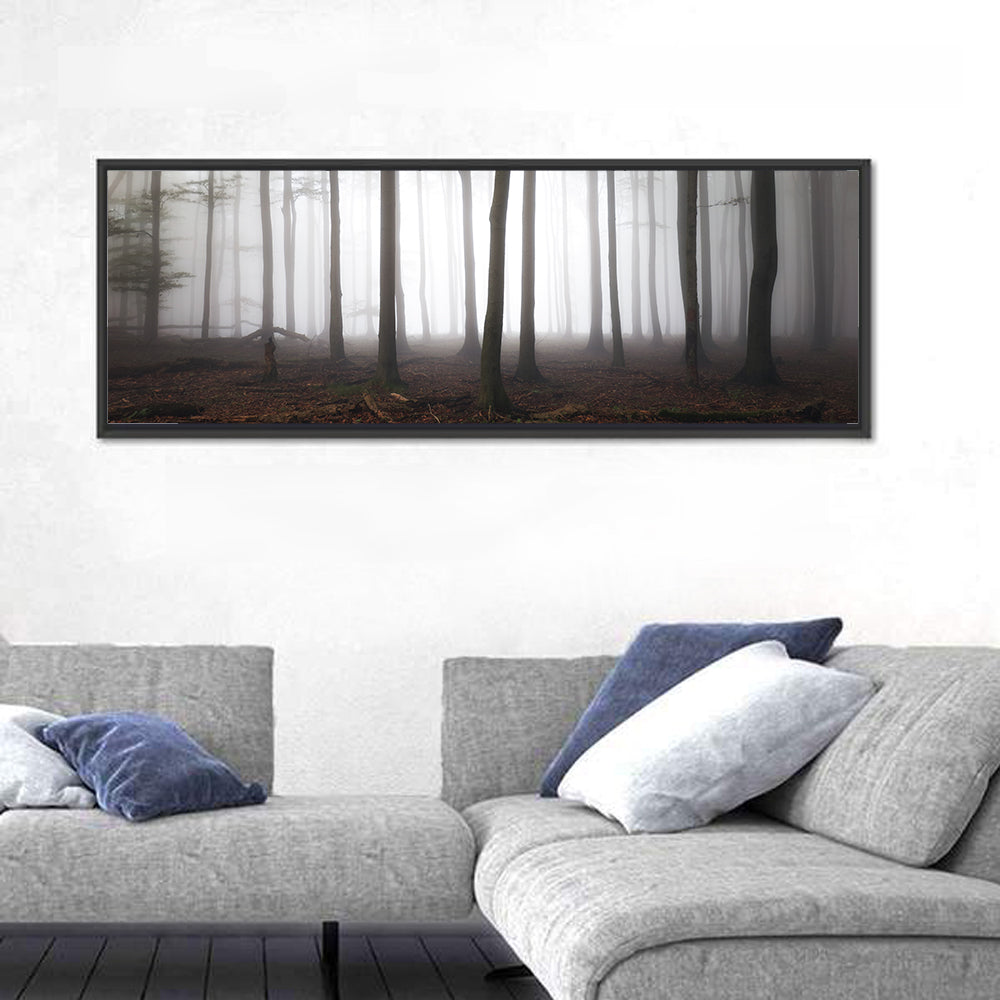 Misty Forest Perspective Wall Art in a room, panoramic