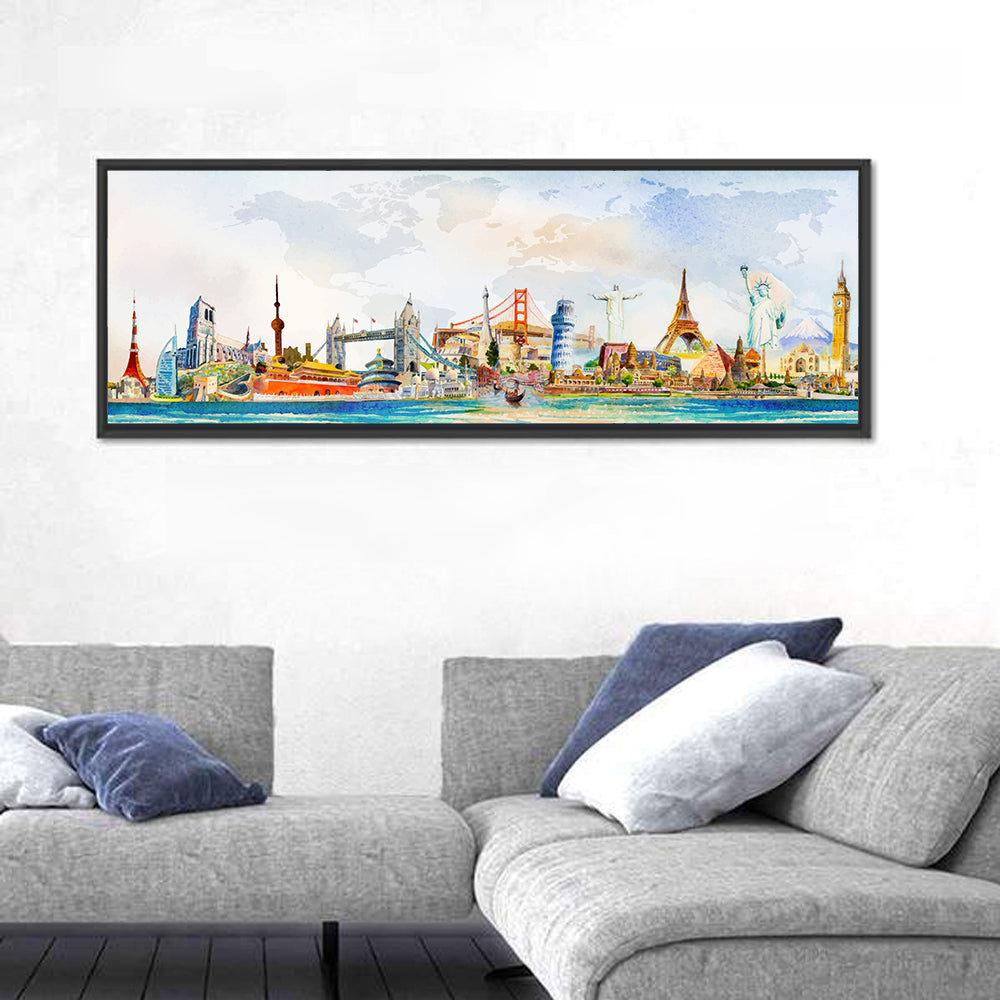 Watercolor World Landmarks Montage Wall Art in a room, panoramic