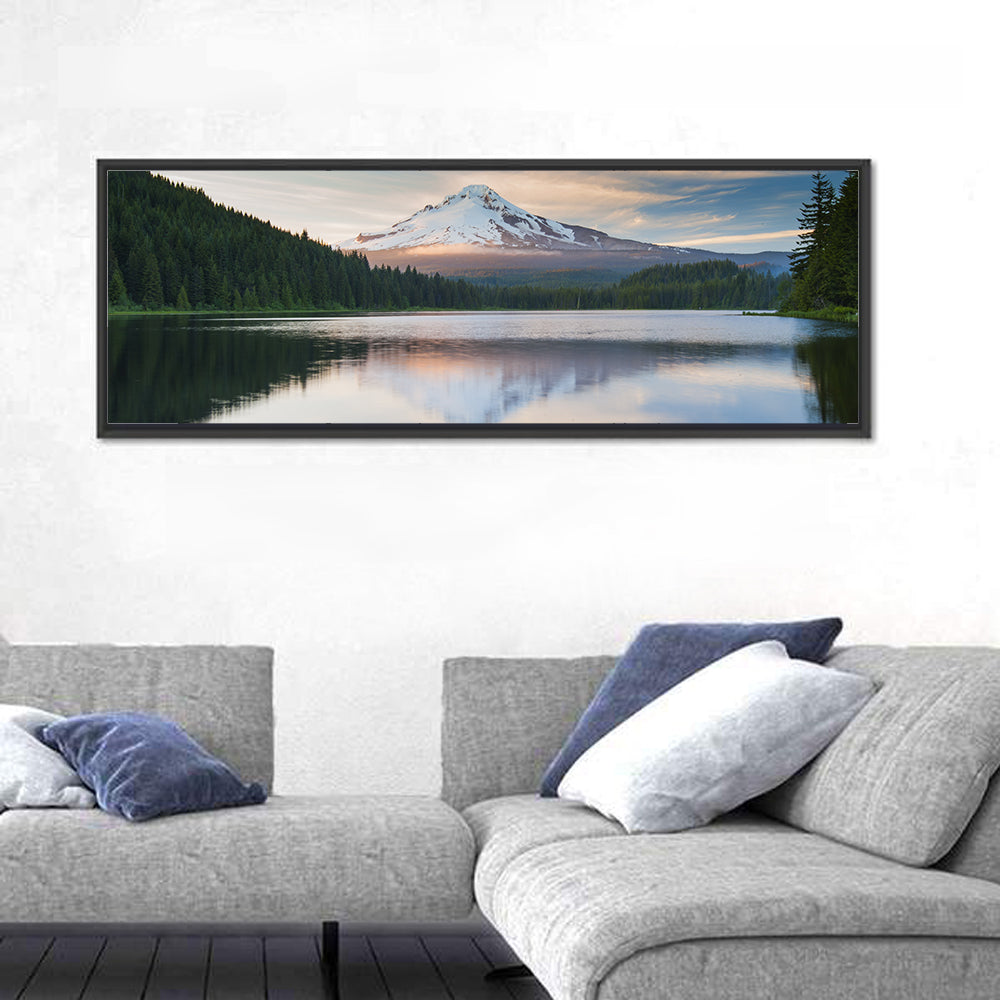 Mount Hood Over Trillium Lake Wall Art in a room, panoramic
