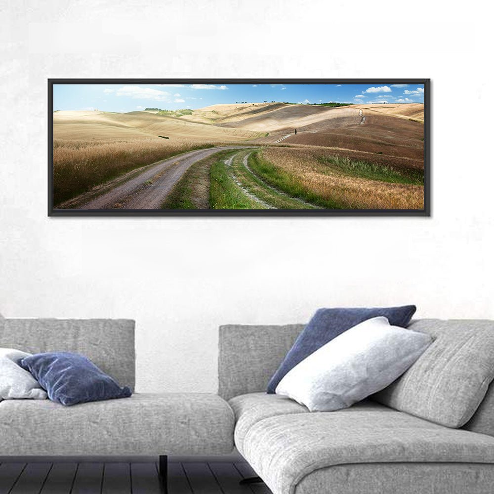 Dirt Road Through Tuscany Wall Art in a room, panoramic