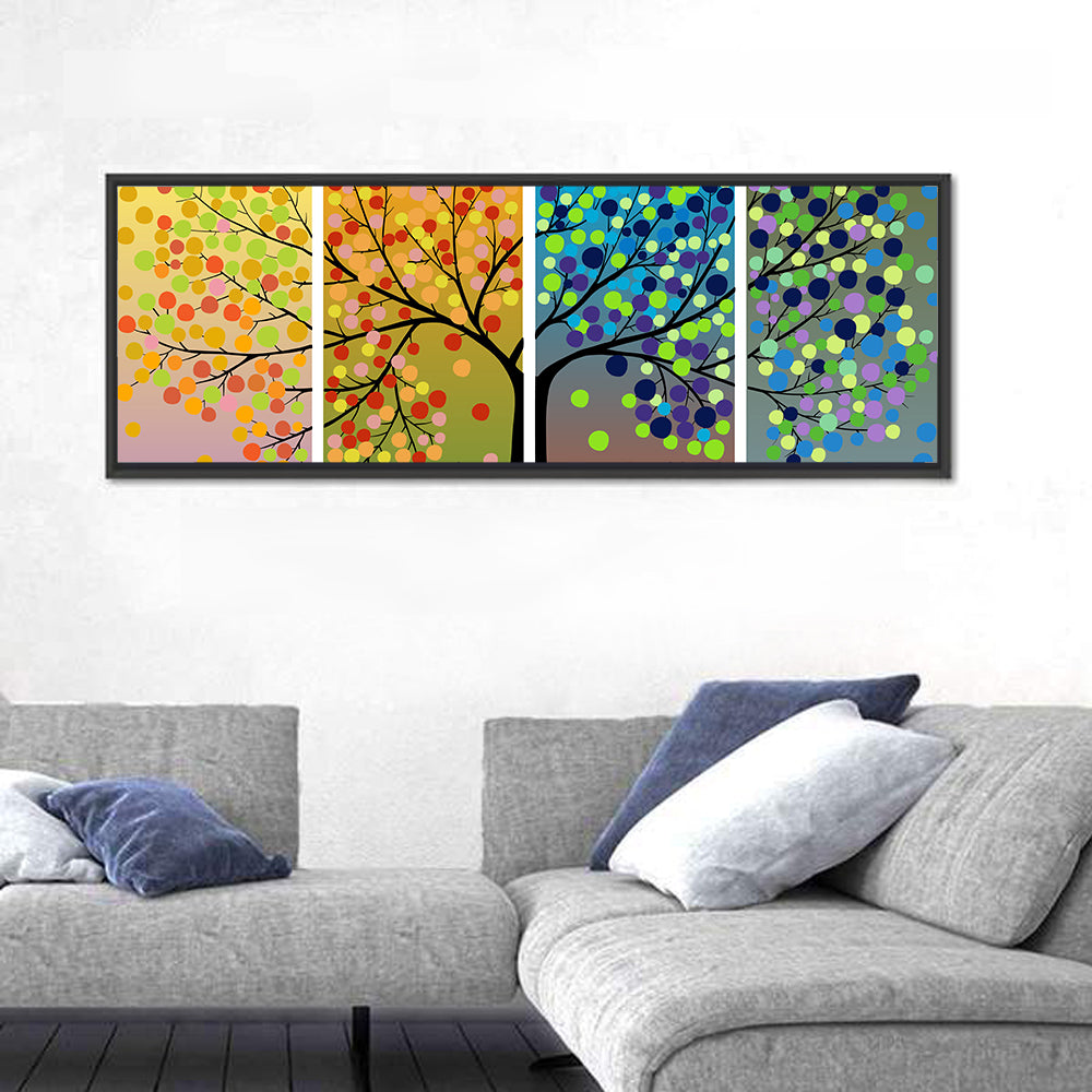 Tree Through Four Seasons Wall Art in a room, panoramic