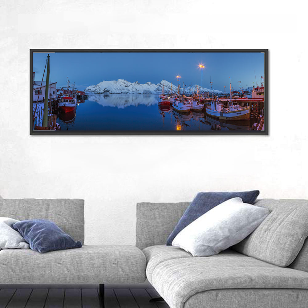 Lofoten Harbor at Dusk Wall Art in a room, panoramic