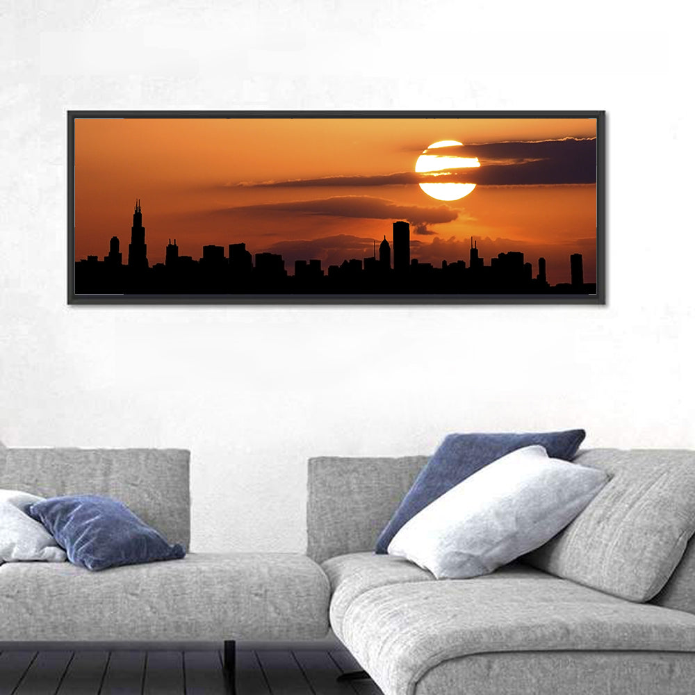 Chicago Skyline at Sunset Wall Art in a room, panoramic