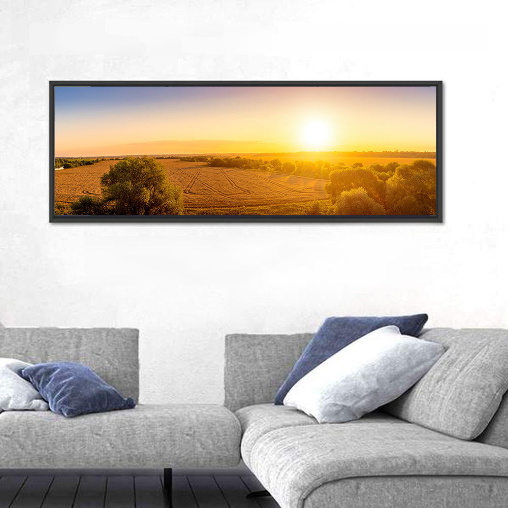 Golden Sunrise Over Wheat Field Wall Art in a room, panoramic
