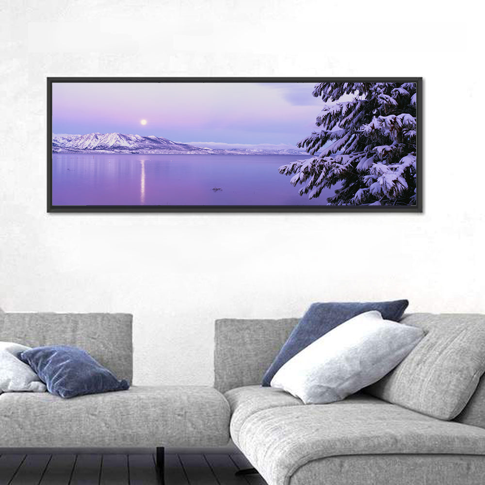 Moonlit Lake Tahoe Wall Art in a room, panoramic
