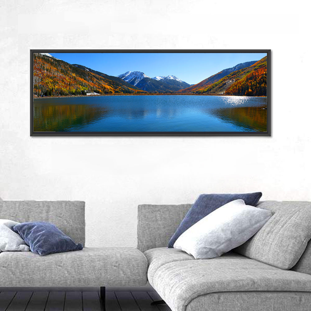 Crystal Lake Colorado Autumn Reflection Wall Art in a room, panoramic