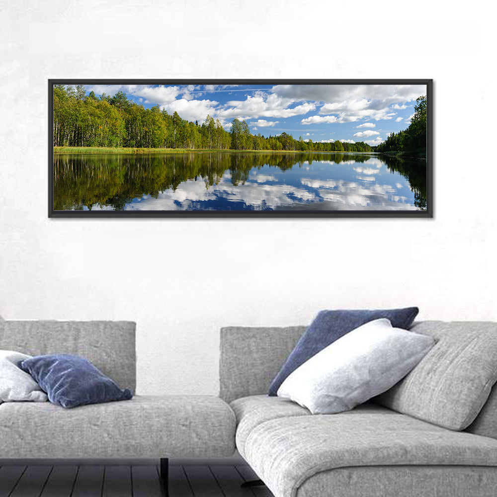 Red Kayak on Calm Lake Wall Art in a room, panoramic