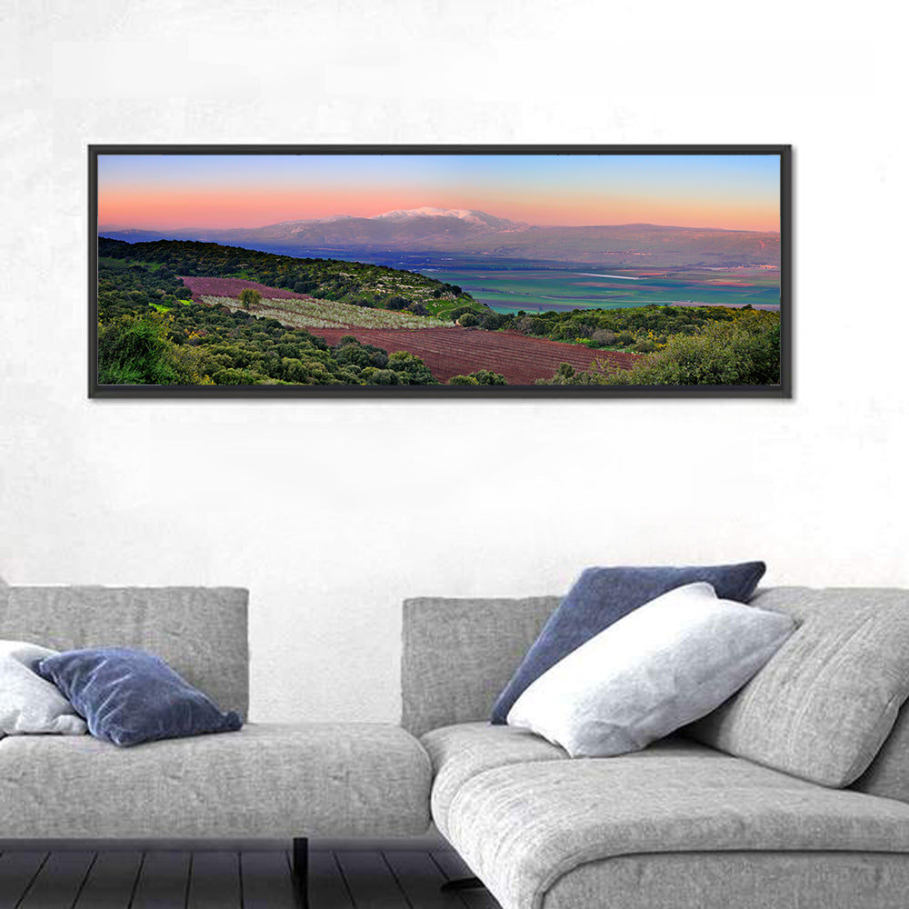 Mount Hermon Sunset Over Farmland Wall Art in a room, panoramic