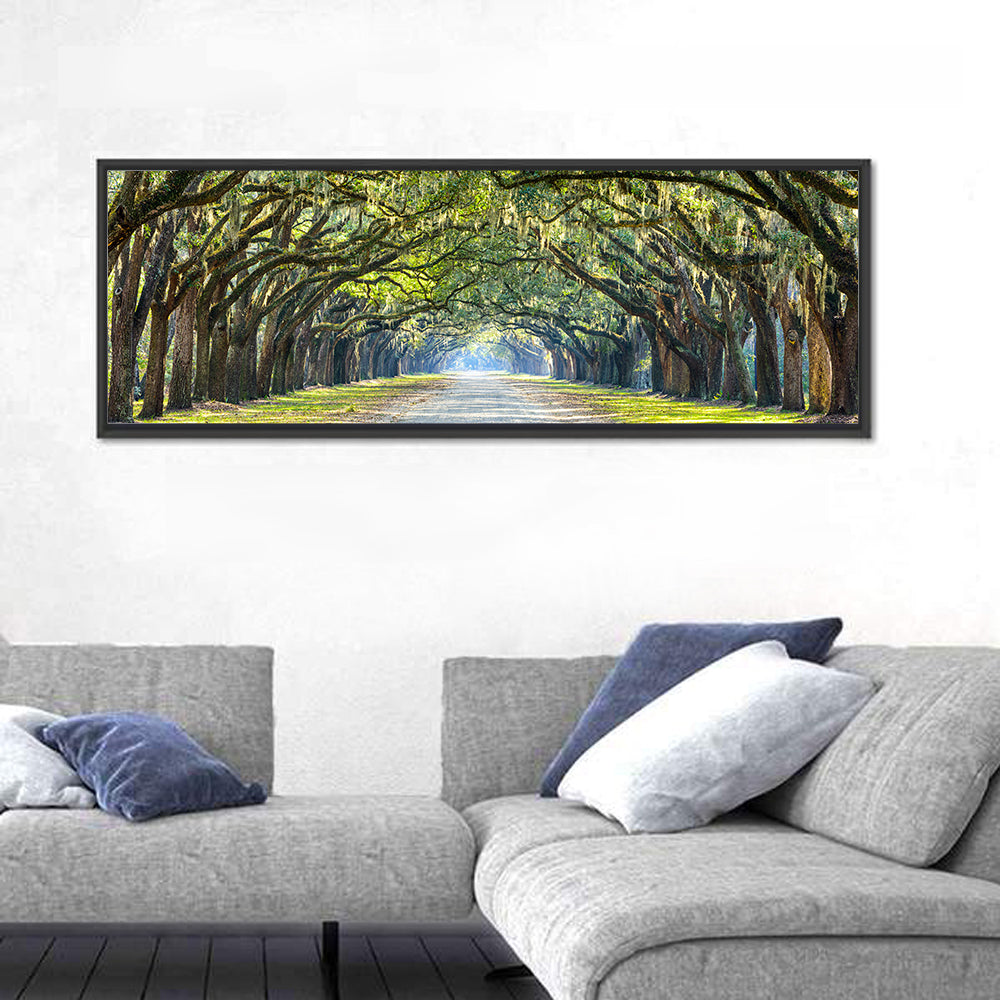 Spanish Moss Oak Alley Wall Art in a room, panoramic