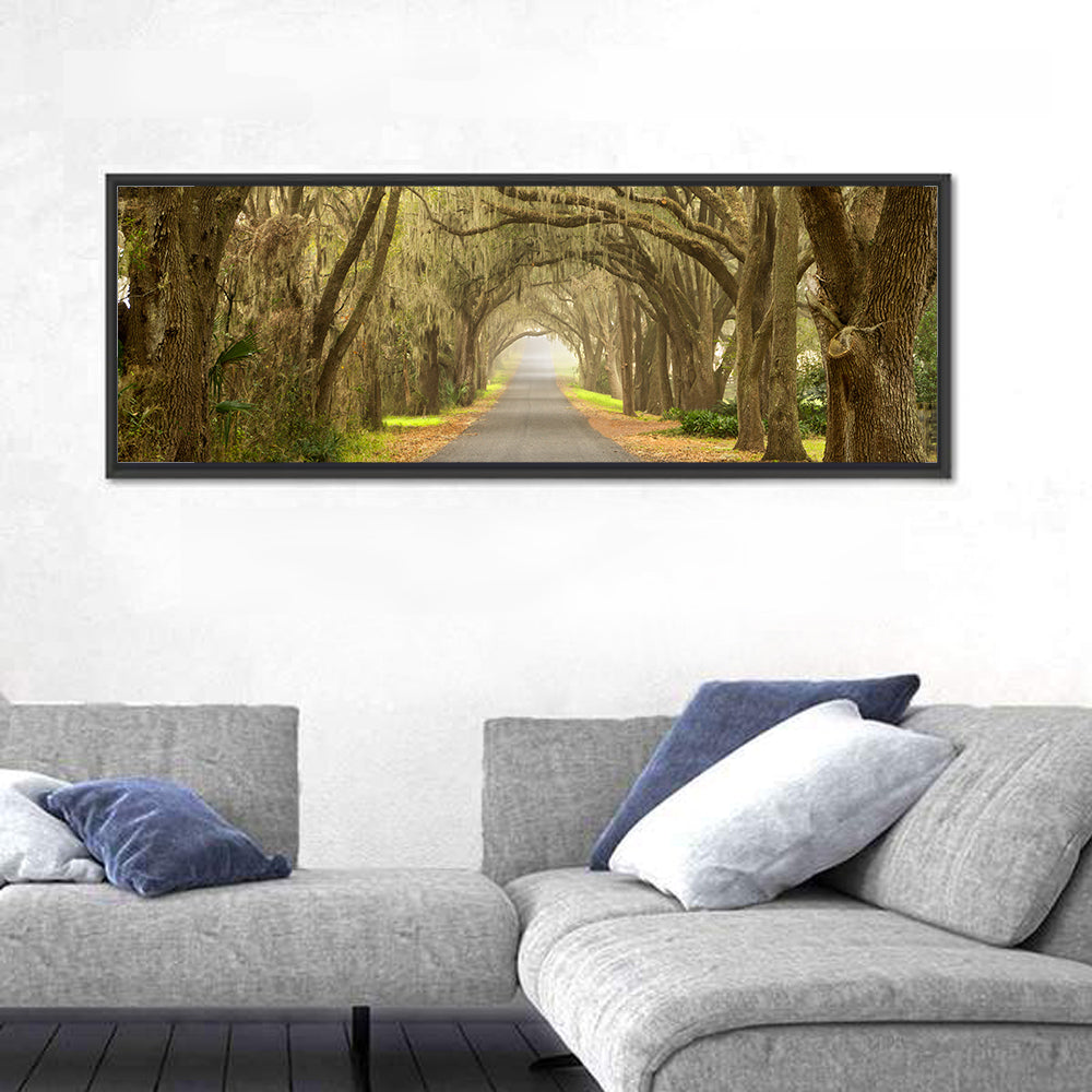 Spanish Moss Country Road Wall Art in a room, panoramic