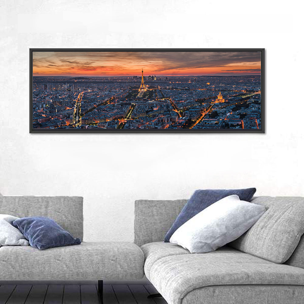 Paris Night Skyline Wall Art in a room, panoramic
