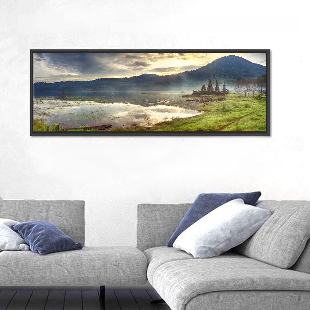 Pura Ulun Danu Beratan Reflection Wall Art in a room, panoramic