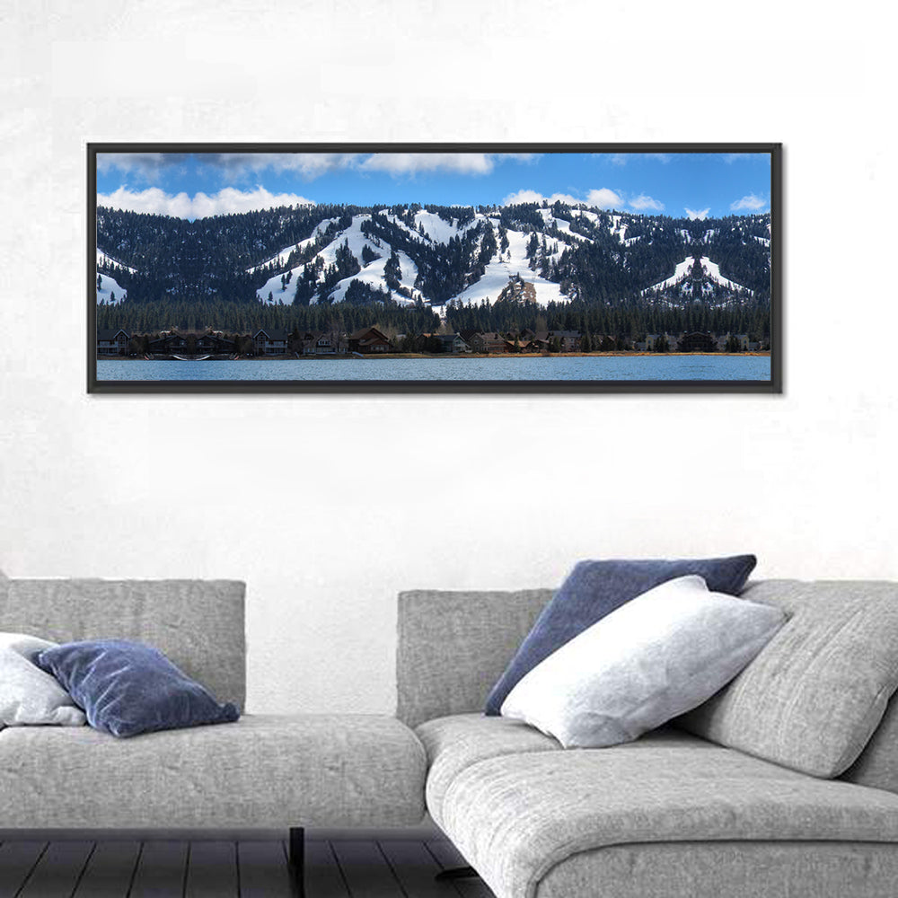 Big Bear Lake Landscape Wall Art in a room, panoramic