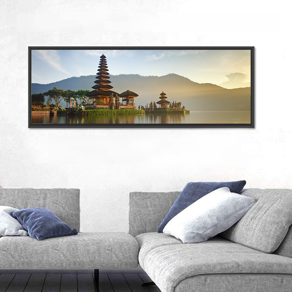 Ulun Danu Beratan Temple at Sunrise Wall Art in a room, panoramic