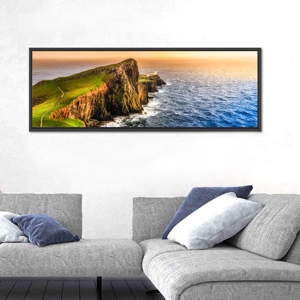 Sunset at Neist Point Lighthouse Wall Art in a room, panoramic