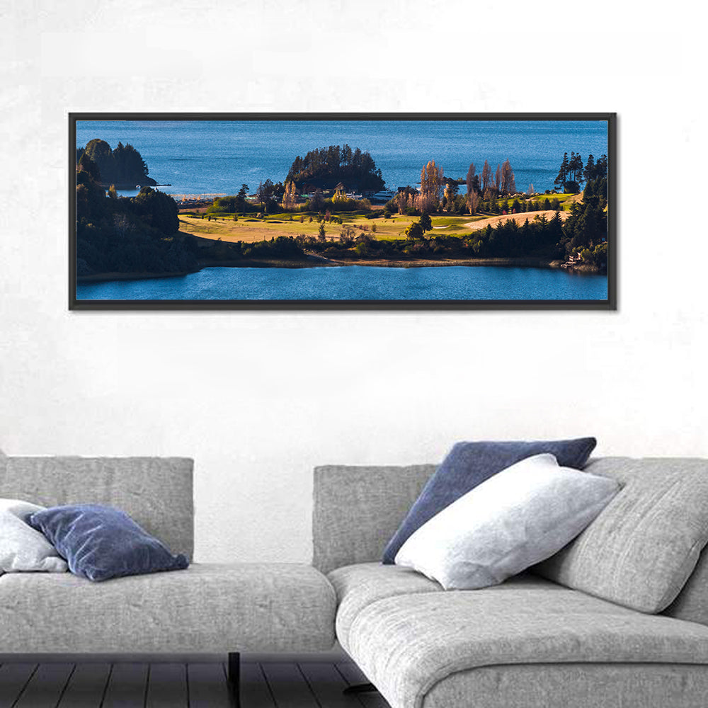 Nahuel Huapi Lake Golden Hour Wall Art in a room, panoramic