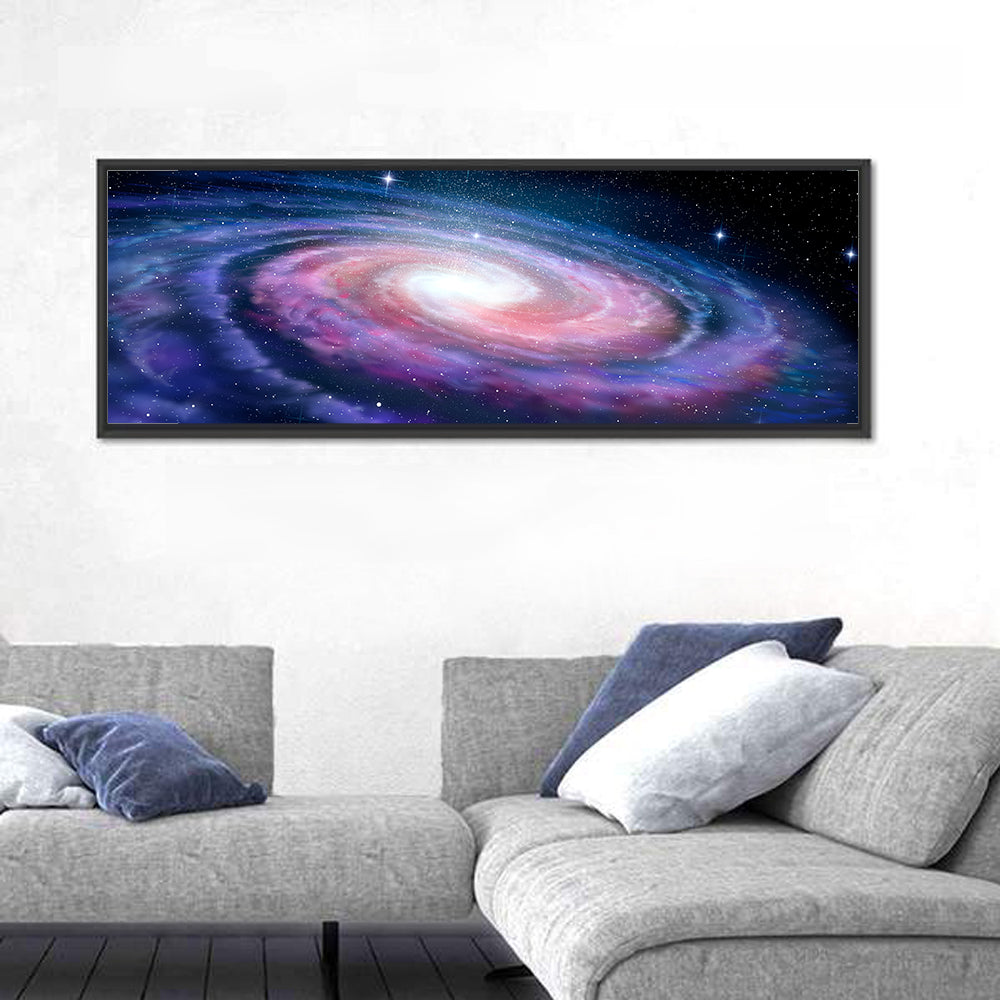 Spiral Galaxy Wall Art in a room, panoramic