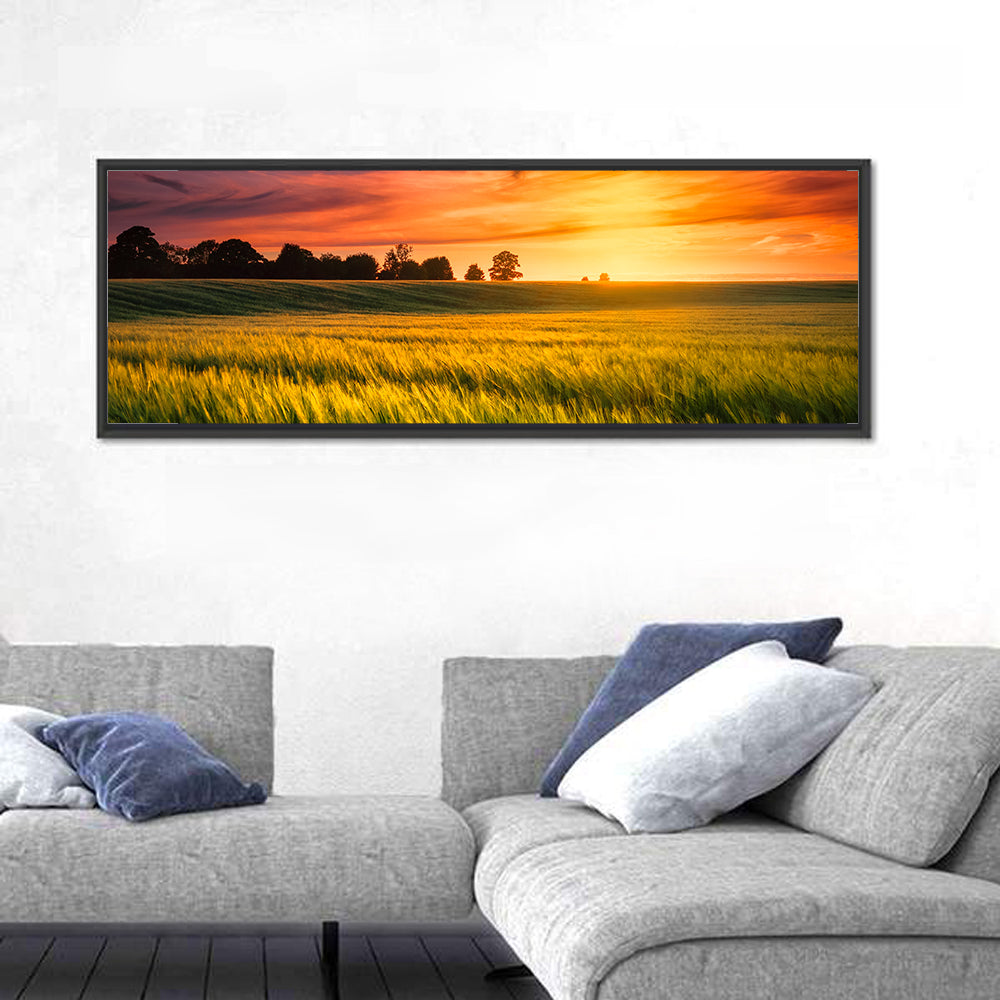 Wheat Field at Golden Hour Wall Art in a room, panoramic
