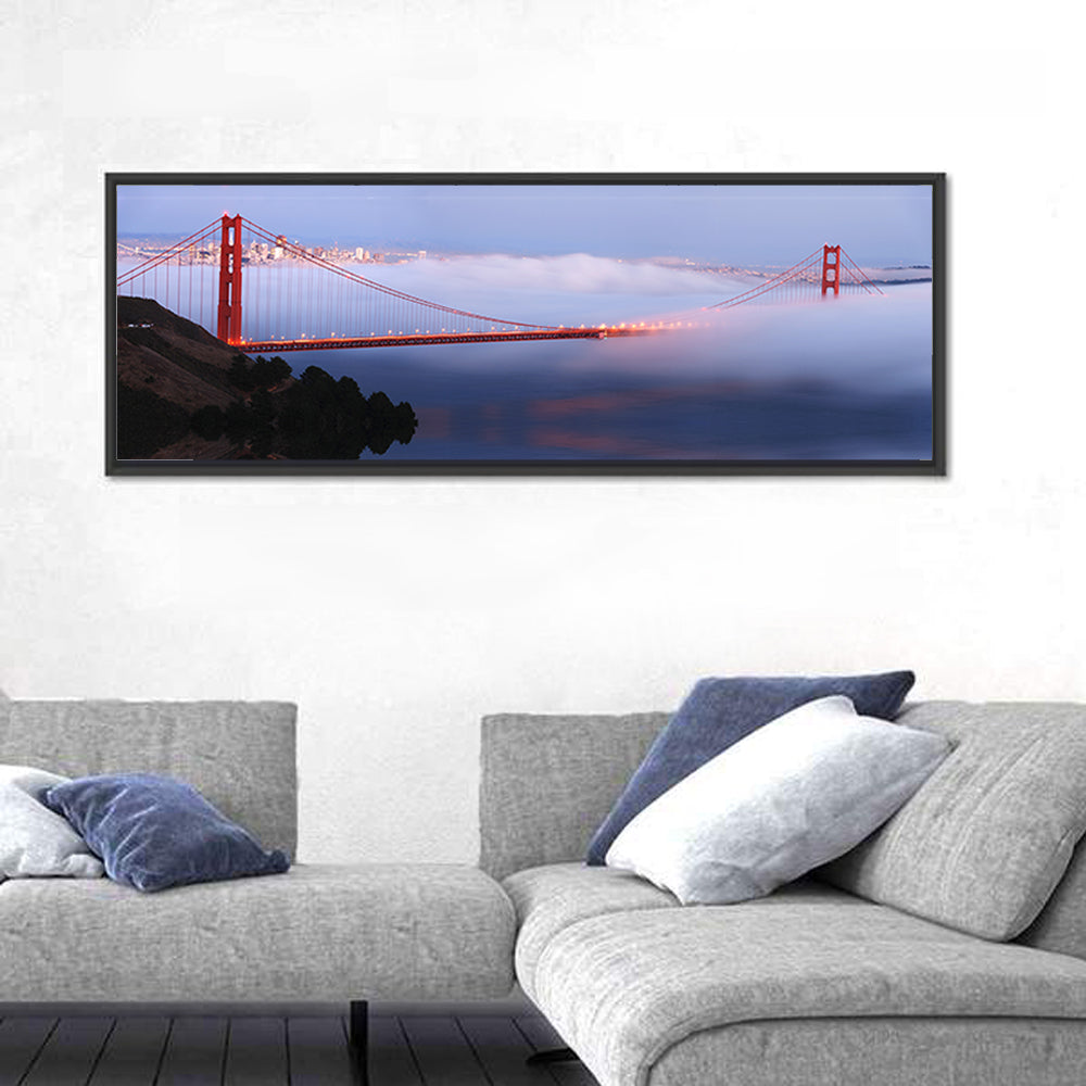 Golden Gate Bridge at Dusk Wall Art in a room, panoramic