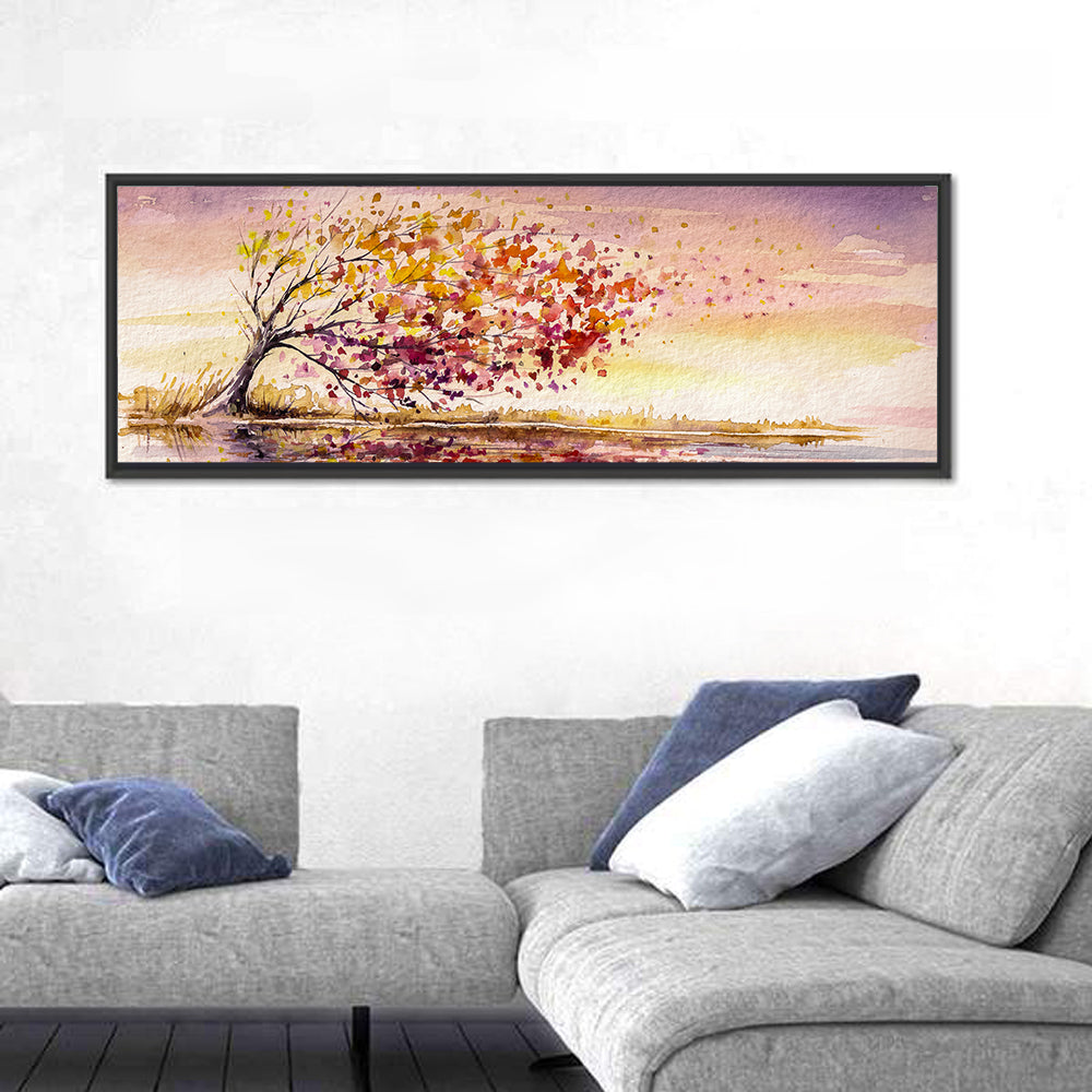 Windblown Autumn Tree Reflection Wall Art in a room, panoramic