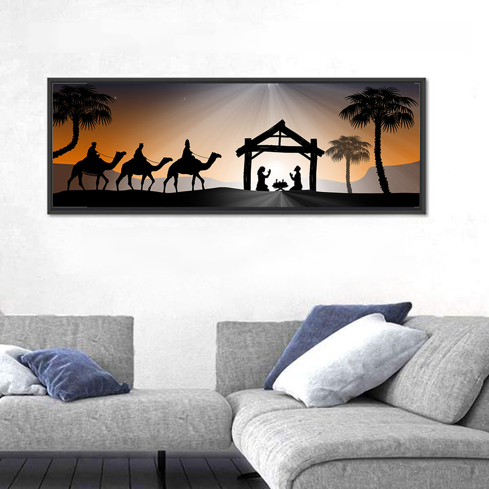 Desert Nativity Silhouette Wall Art in a room, panoramic