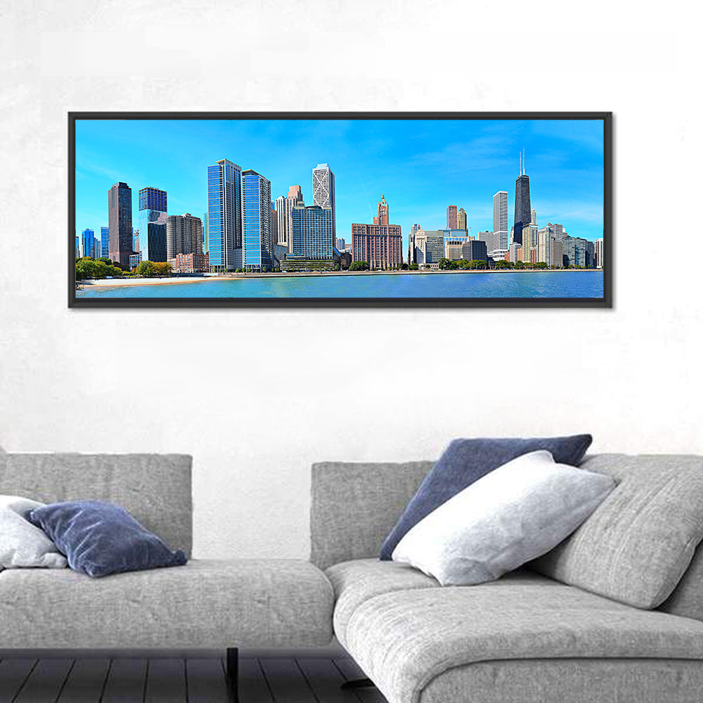 Chicago Lakeshore Skyline Wall Art in a room, panoramic