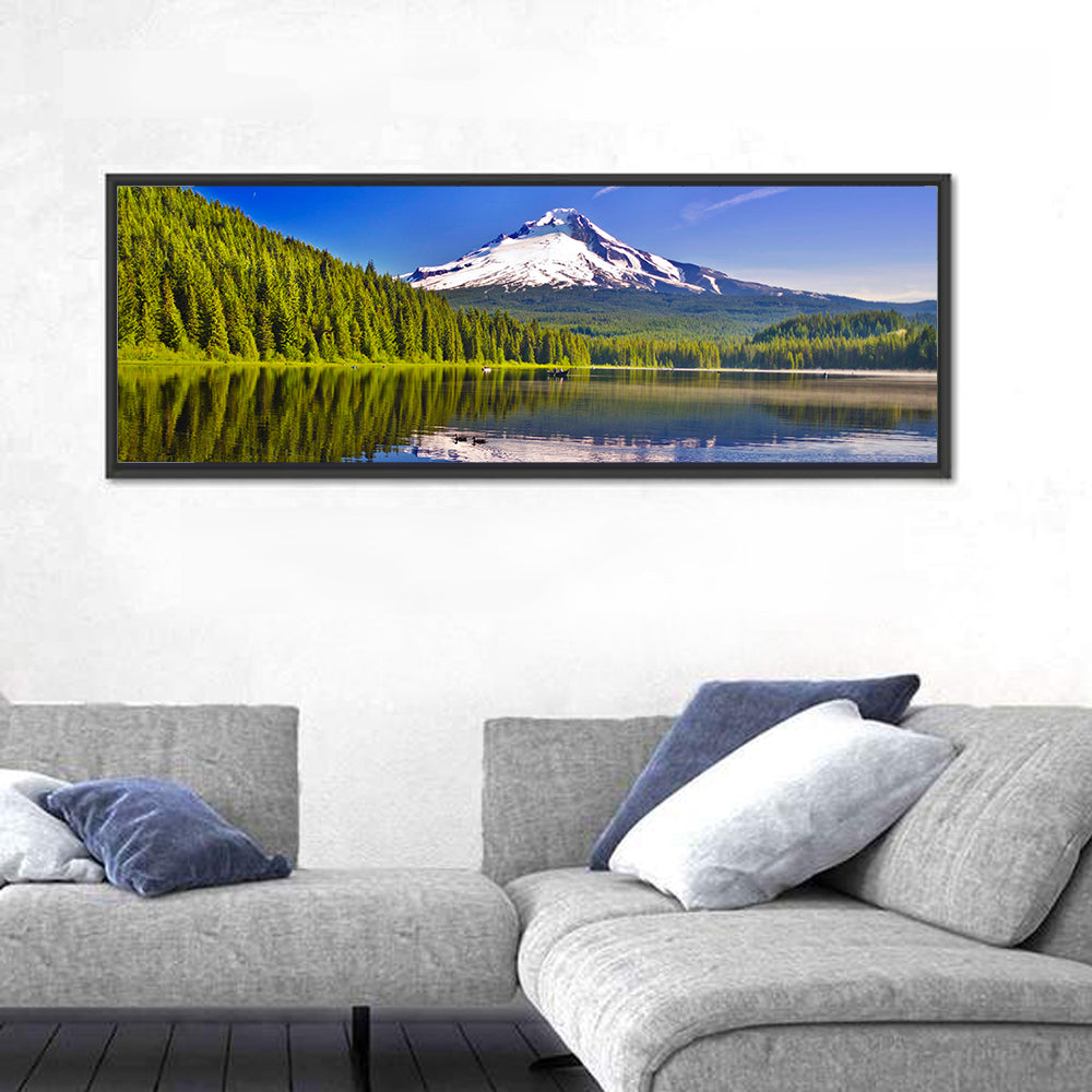 Mt Hood Reflected in Trillium Lake Wall Art in a room, panoramic