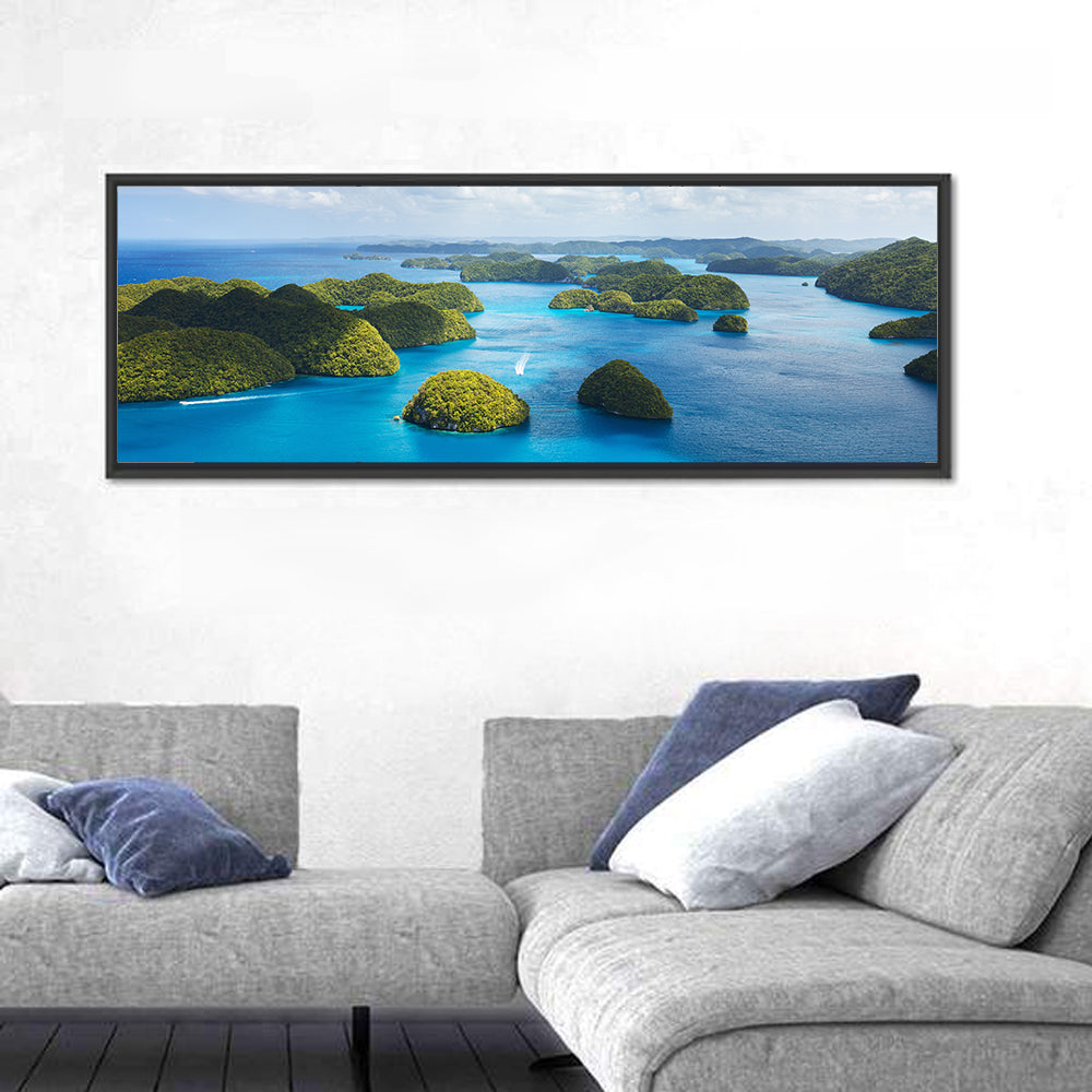 Rock Islands Aerial View Wall Art in a room, panoramic