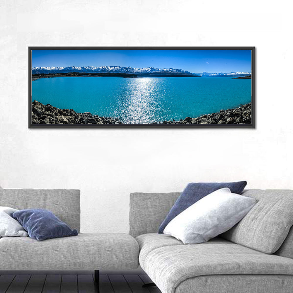 Lake Pukaki Landscape Wall Art in a room, panoramic