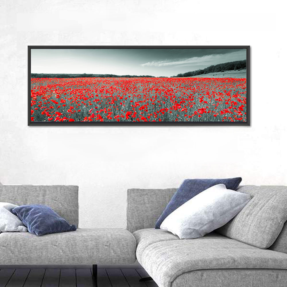 Red Poppy Field Wall Art in a room, panoramic