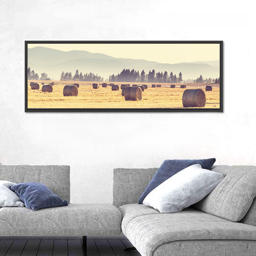 Golden Hay Bales Field Wall Art in a room, panoramic